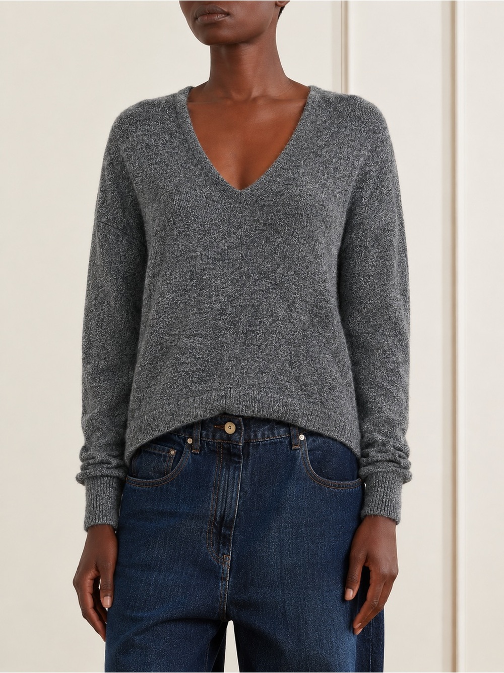 Theory Charcoal Marled Melange 100% Wool Sweater Oversized V Neck Minimalist L